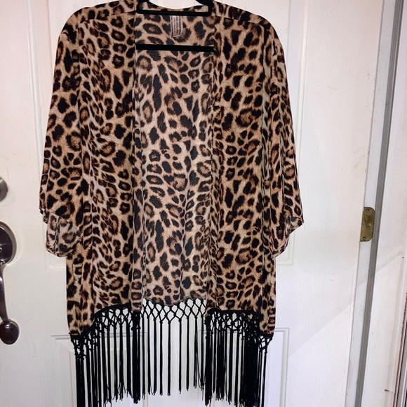 Giddy Up Glamour Tops - Leopard Print Fringe Kimono Cardigan